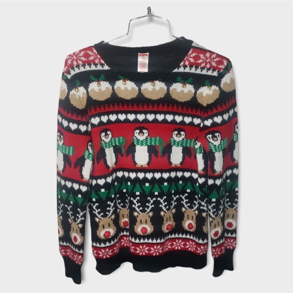 lHoliday Time ugly Christmas Sweater Penguins Bells Scarfs holiday Small